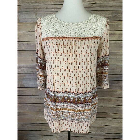 Umgee Tops - Umgee Small Peasant Top Lace Crocheted Neckline Boho 3/4 Sleeve Prairie Hippie